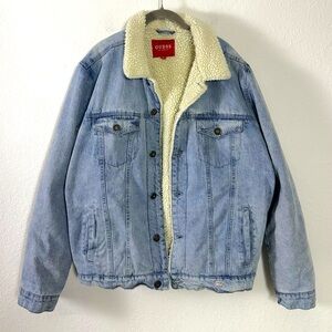 Guess Retro 80s 90s Sherpa Lined Denim Jean Jacket Logo Size XL